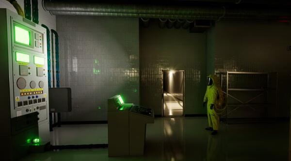 Screenshot from Backrooms: Escape Together showing a lone figure in a hazmat suit exploring a dimly lit, industrial room.