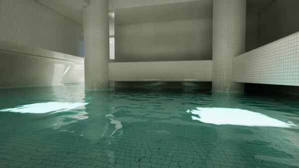 Screenshot from Backrooms: Escape Together showing a tiled, flooded room with columns and glowing light reflections on water.