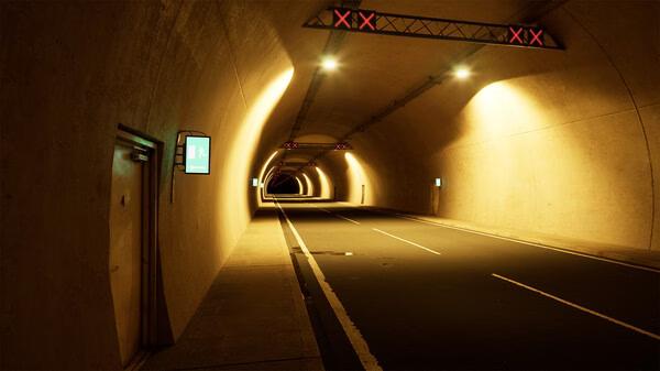 A screenshot from Backrooms: Escape Together showing a dimly lit, eerie tunnel with glowing exit signs and red X markings.