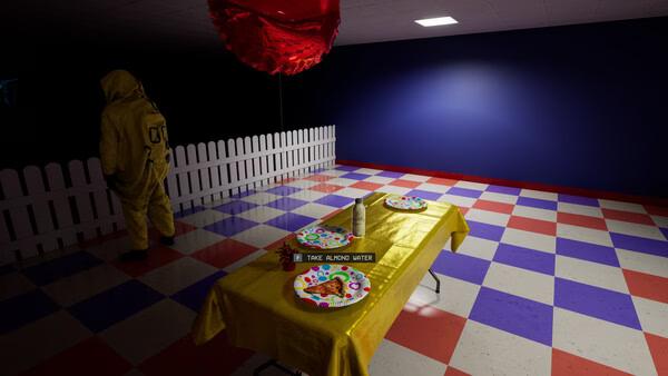 Screenshot from Backrooms: Escape Together showing a table with party items and a figure in a hazmat suit near a fence.