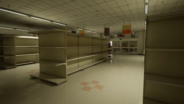 Screenshot from Backrooms: Escape Together showing empty shelves in a dimly lit, eerie supermarket setting.