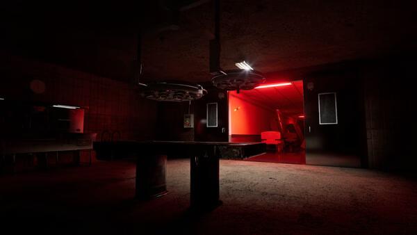 Screenshot from Backrooms: Escape Together, showing a dimly lit room with surgical tables and red-lit hallway in the background.