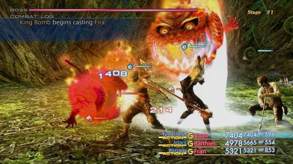Screenshot from FINAL FANTASY XII THE ZODIAC AGE shows characters Vaan, Balthier, and Fran battling King Bomb in a forest setting.
