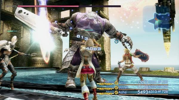 FINAL FANTASY XII THE ZODIAC AGE screenshot: Characters battle a giant armored foe in a mystical ruins setting.