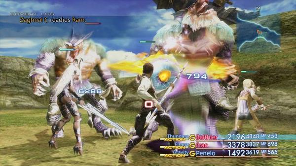 Screenshot from FINAL FANTASY XII THE ZODIAC AGE showing characters battling two large creatures with health bars visible.