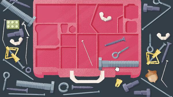 A screenshot from "A Little to the Left" shows a pink toolbox surrounded by scattered screws, nails, and small items to organize.