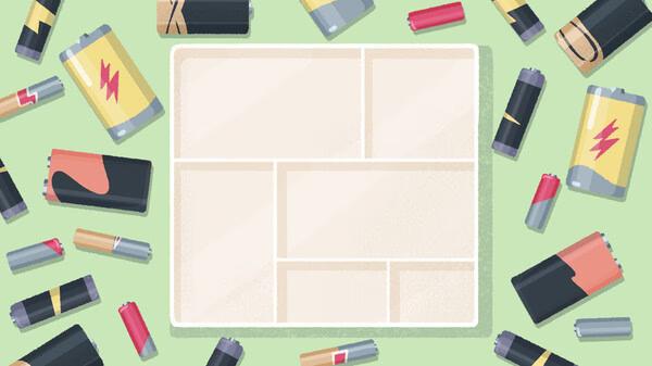 Screenshot from "A Little to the Left" showing various batteries scattered around an empty sorting grid on a green background.