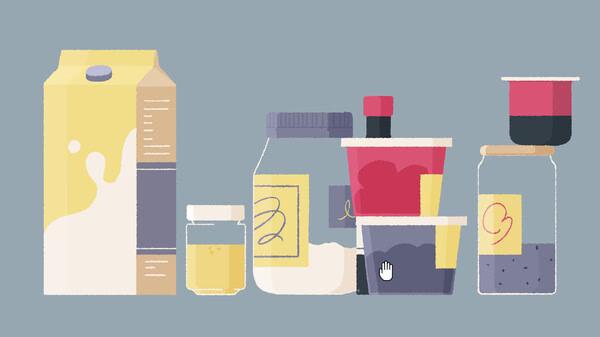 A screenshot from 'A Little to the Left' showing various food containers arranged neatly on a flat surface.