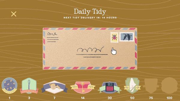 Screenshot from "A Little to the Left" showing a cursor arranging stamps on an envelope in the Daily Tidy challenge.