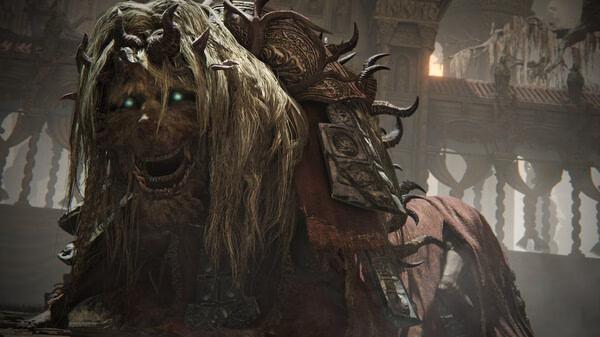Screenshot from ELDEN RING Shadow of the Erdtree showing a menacing, armored lion-like creature with glowing eyes in a dim, ornate setting.