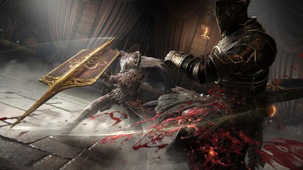 Screenshot from ELDEN RING Shadow of the Erdtree showing an intense battle between armored warriors in a dark, medieval setting.
