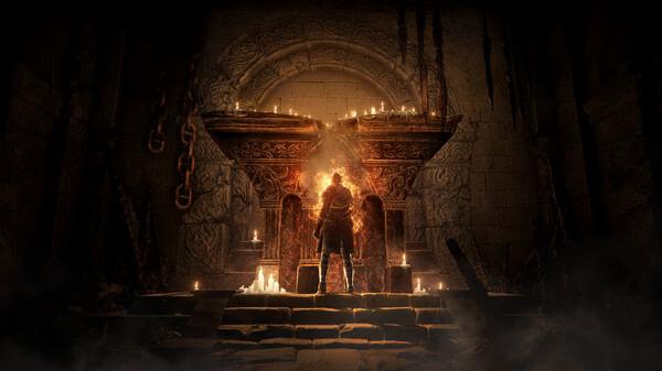 ELDEN RING Shadow of the Erdtree screenshot: A lone figure stands before a fiery, ancient altar in a dimly lit stone chamber.