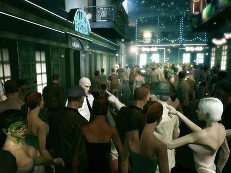 Hitman: Blood Money screenshot showing Agent 47 walking through a crowded, lively street with neon lights and bustling activity.