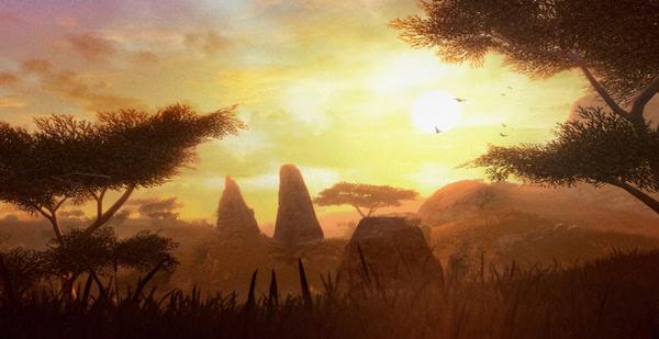 Far Cry 2 screenshot showing a picturesque African savanna landscape at sunset, with tall grass and acacia trees silhouetted against the sun.