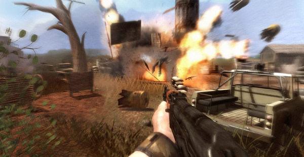 Far Cry 2 screenshot showing a first-person view of a gun aimed at an explosion in a rural area with scattered structures and trees.