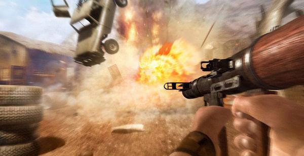 Far Cry 2 screenshot: A first-person view of a weapon aimed at an explosion, with debris and a vehicle flying in a dusty environment.