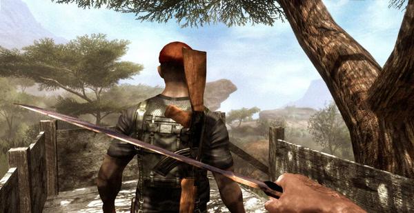Far Cry 2 screenshot: A player character holds a machete, approaching an NPC in a scenic savanna landscape.