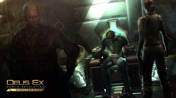 Screenshot from Deus Ex: Human Revolution Director's Cut showing a man seated in a futuristic chair with two people nearby.