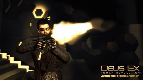 Deus Ex: Human Revolution Director's Cut screenshot featuring a character firing a weapon with glowing projectiles in a dark setting.