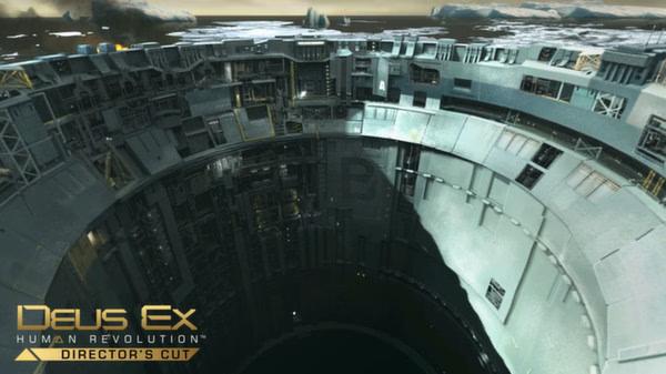A screenshot from Deus Ex: Human Revolution Director's Cut showing a large, futuristic circular industrial structure.