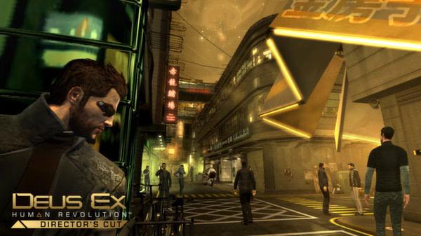 Screenshot from Deus Ex: Human Revolution Director's Cut shows a busy futuristic street scene with neon signs and pedestrians.