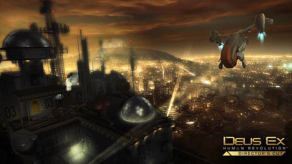 Deus Ex: Human Revolution Director's Cut screenshot: A futuristic cityscape with a flying drone against a glowing skyline in the background.