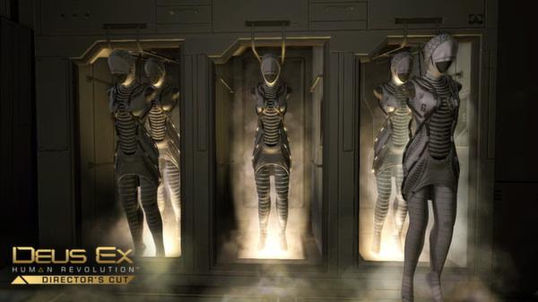 Screenshot from Deus Ex: Human Revolution Director's Cut showing humanoid figures in futuristic pods, with mist surrounding them.