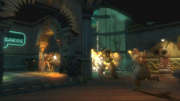 BioShock 2 screenshot: a Big Daddy battles Splicers in an underwater, dimly lit room with art deco design elements.