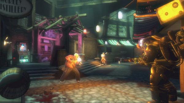 BioShock 2 screenshot: A tense standoff in a dimly lit street, with a man aiming a weapon at an armored figure.