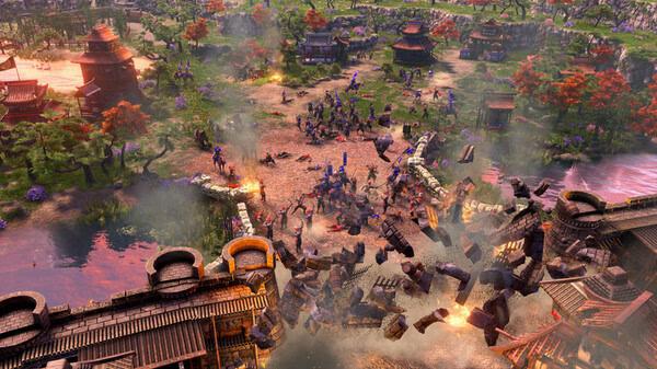 Screenshot from Age of Empires III: Definitive Edition showing a village under siege with buildings, soldiers, and explosions.