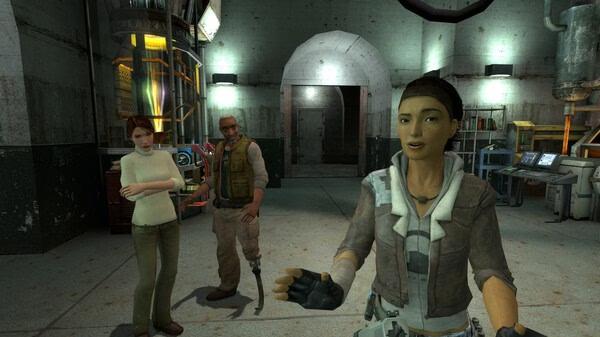Half-Life 2 screenshot: Three characters stand in a dimly lit lab with equipment and computers in the background.