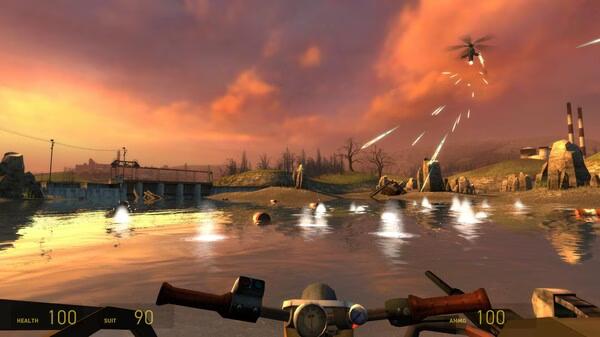 Screenshot from Half-Life 2 showing a player-controlled airboat on a river, under attack by a helicopter firing bullets.