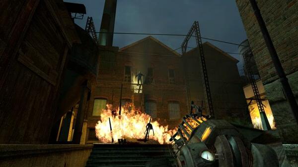 Half-Life 2 screenshot: A silhouetted figure stands before a fiery explosion, with a futuristic weapon visible in the foreground.