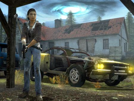 Screenshot from Half-Life 2 showing a character holding a crowbar in front of a dilapidated house and an old car.