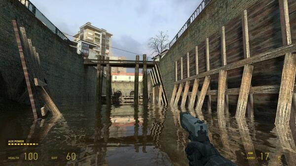 Half-Life 2 screenshot: A player holds a gun in a flooded canal surrounded by wooden beams and brick walls. HUD displays health and ammo.