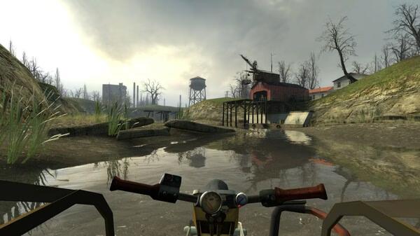 Screenshot from Half-Life 2 showing a first-person view of a waterway with a boat, industrial buildings, and a cloudy sky.