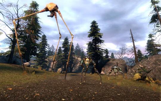 Half-Life 2 screenshot showing a vast outdoor area with tall trees and alien creatures, including a towering Strider and crab-like enemies.