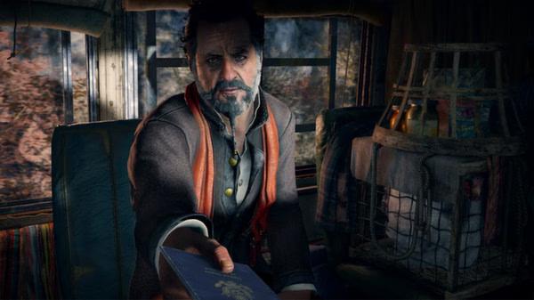 Far Cry 4 screenshot: A character in a colorful outfit holds out a passport inside a bus with various items around.