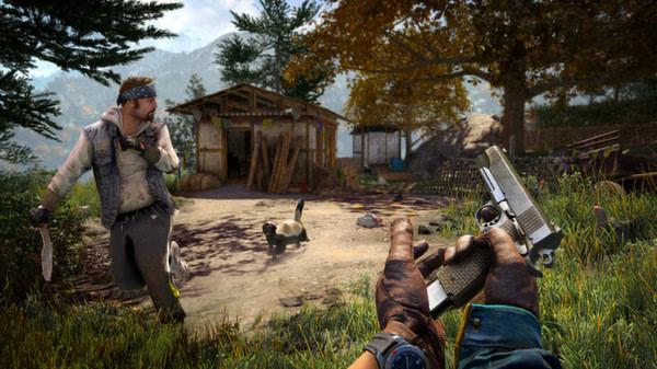 Far Cry 4 screenshot: A player holding a pistol confronts an armed character in a rural setting with a small shack.