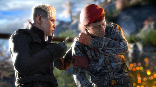 Far Cry 4 screenshot: Two characters stand outdoors, one in a military uniform, with a scenic mountain backdrop.
