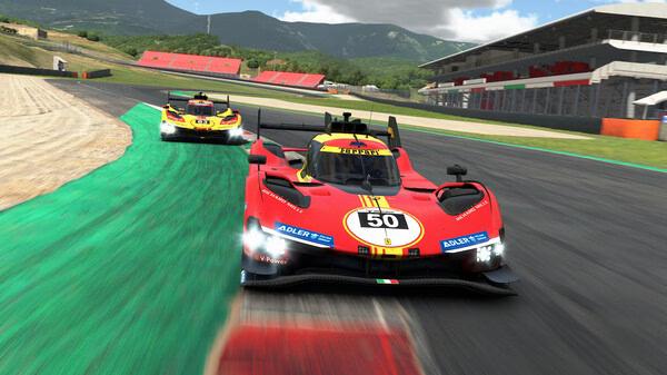 Two red race cars compete on a track in an iRacing screenshot, one closely following the other, with stands and mountains in the background.