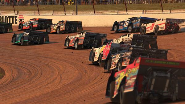 Screenshot of iRacing showing multiple stock cars racing on a dirt track, with spectators in the background.