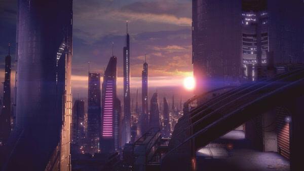 Mass Effect 2 screenshot: A futuristic cityscape at sunset, with tall skyscrapers and a glowing sun on the horizon.