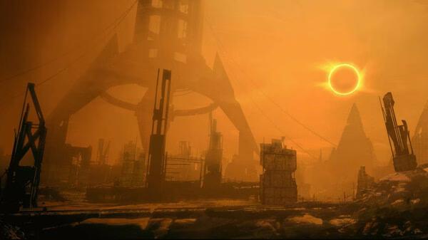 Mass Effect 2 screenshot: A desolate, orange-hued landscape featuring ruins and a bright sun, evoking a post-apocalyptic setting.
