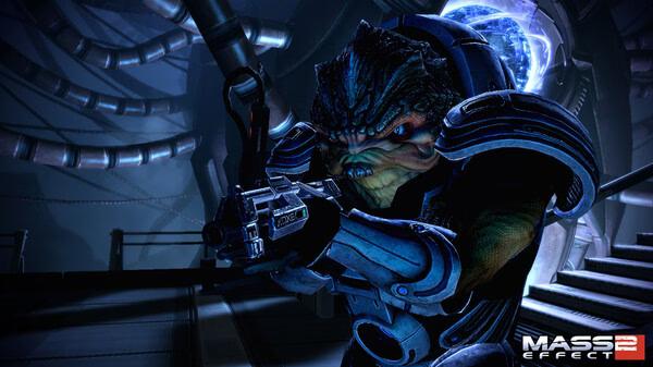 Krogan warrior holding a gun in a futuristic setting from Mass Effect 2, screenshot showcasing detailed character design.