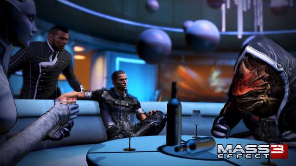 Mass Effect 3 screenshot: Characters sit around a table in a futuristic lounge, with drinks and bottles visible in the foreground.