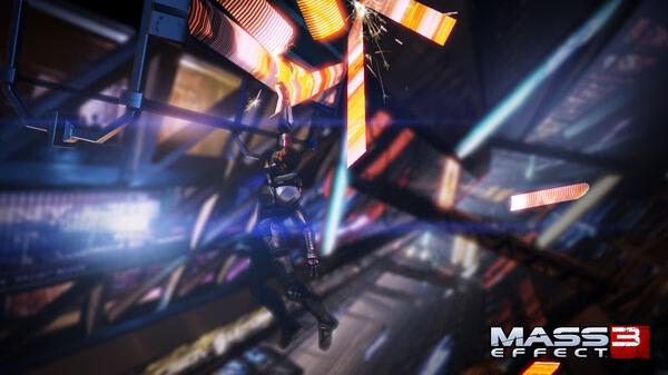 Mass Effect 3 screenshot: A character hangs from a glowing orange beam in a futuristic setting filled with vibrant lights and metallic structures.