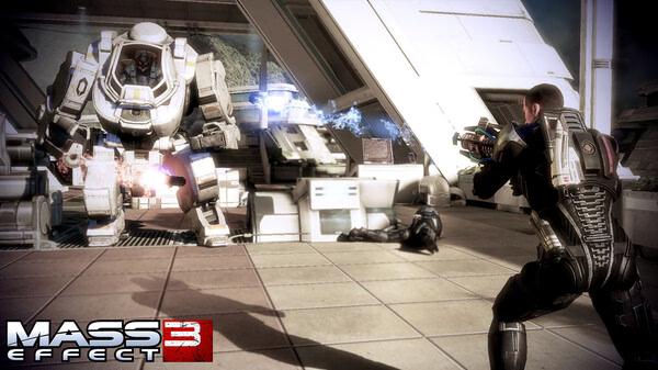 Mass Effect 3 screenshot: A soldier aims a weapon at a large mech in a futuristic setting, with another soldier on the ground.