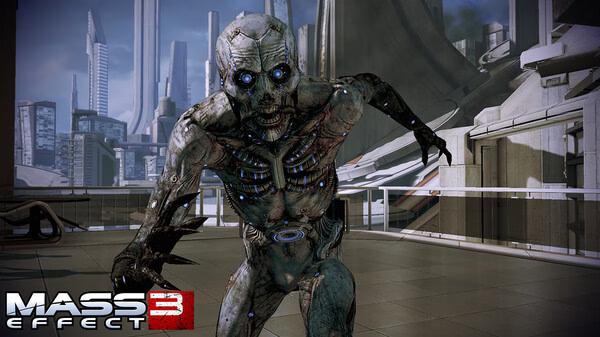 Mass Effect 3 screenshot: A menacing husk enemy with glowing blue eyes stands on a futuristic platform with cityscape in the background.