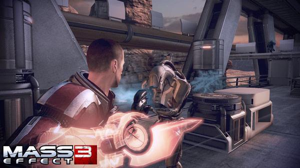 Mass Effect 3 screenshot: A character in armor wields a glowing weapon inside a futuristic space station, facing an armored opponent.